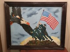 Vintage Large Iwo Jima Flag Raising Amateur Americana Painting Signed  Cuba 1997 picture
