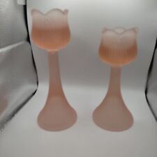 Vintage Westmoreland Tiara Pink Tulip Frosted Satin Glass Set of 2 Candleholders picture