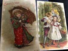 Antique Christmas 2 Postcard Children Boy Girl Mistletoe White Coat Red Coat Umb picture