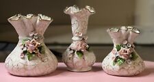 RARE Set of 3 Lefton China Hand Painted Vases With Applied Rose Ruffle Tops VTG picture