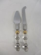 2 MID CENTURY SHEFFIELD CLEAR GLASS & GOLD HANDLE CHEESE SERVER & KNIFE picture