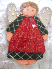 Vintage Christmas Ornament  - HAND PAINTED WOOD ANGEL w/GLITTER & RHINESTONES picture