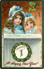 Tuck New Year Postcard 601 S/A Brundage 2 Girls In Blue Baby January 1 Wreath picture
