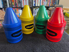 Vintage Deka Crayola Crayon Mugs & Lid Cup Lot  Green, Yellow, Blue & Red picture
