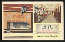 ELKINS, WV - PHIL'S RESTAURANT c1940's Linen ppc. Unused picture