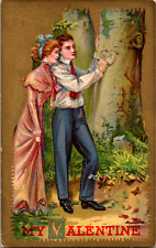 Vintage C. 1910 Young Man Woman In Love Carving in a Tree Valentine Postcard  picture
