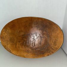 Vintage Wildwood Leather Over Wood Large Oval Box 13” X 9” Embossed Horses & Men picture