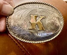 B-K SILVERSMITHS BUCKLE 2.5 x 3.5 STERLING SILVER FRONT HAND ENGRAVED LETTER K picture