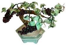 Vintage Jade Bonsai Tree Wired Leaves Grapes Sculpture Celadon Hexagon Pot picture