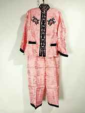 Vintage Japanese 2-Pc Pink Embroidered Silk Pajamas Floral Embroidery picture
