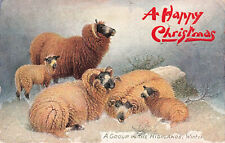VINTAGE TUCK CHRISTMAS POSTCARD HIGHLAND SHEEP IN GLASS BEAD GLITTER SNOW 110623 picture