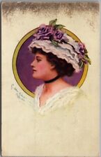 1910s Artist-Signed C. ALLAN GILBERT Postcard Pretty Lady / Large Purple Hat picture
