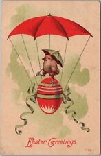 Vintage 1910s EASTER GREETINGS Postcard Baby Chick / Decorated Egg / Parachute picture