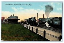 c1910's Union Pacific Depot And Park Rawlins Wyoming WY Train Locomotor Postcard picture