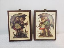 (J24) Vintage Hummel Wooden Wall Pictures Plaques Girls Umbrella Decor Set of 2 picture
