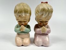Vintage Japan Little Boy and Girl Praying figurines Pink Bow Green Shirt Blond picture