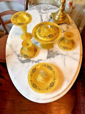 Vintage 1920-30s Regency Yellow 6pc Glass Vanity Buffet  Vase Cake Candlesticks picture