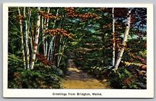 Greetings Bridgton Maine Country Road Fall Forest Linen Vintage ME UNP Postcard picture