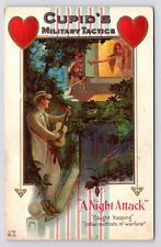 c1908~Cupid's Military Tactics~NIGHT ATTACK~Valentine Humor~Antique Art Postcard picture