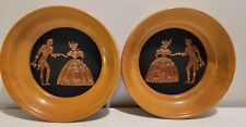 2 Vintage Wood Plates Decorative Brown Copper Figures-A24 picture