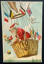 Patriotic~Santa Claus in Hot-Air Balloon~Flags~Toys 1910 Christmas Postcard~k215 picture
