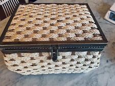 Sewing Basket Box Woven Wicker Handle Japan 1960’s Satin Lining Vintage picture
