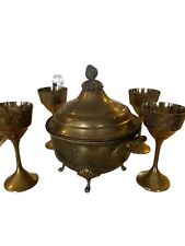 Vintage Brass Etched India Barware Ice Bucket Handles, Lid Acorn Finial 4 Goblet picture