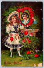 A Happy New Year Embossed German Antique Postcard c1910-Children-Lucky Charms picture