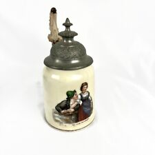 Antique German Beer Stein Lidded Romance Love FIrst Heartbeat Unique Handle 1/2L picture