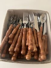 Vintage MCM Cottage Core Wood Handle Flatware Forks Knives Spoons 47Pcs in Box picture