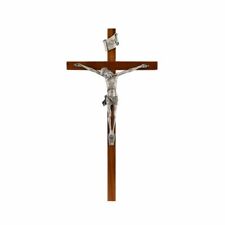 Silver Toned Corpus and Plaque Skinny Wooden Hanging Wall Cross Crucifix, 10 In picture