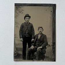 Antique Tintype Photograph Handsome Men Father & Grown Son Great Attire Backdrop picture