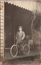 c1910s Real Photo RPPC Postcard Boy in Suit with BICYCLE / Porch 