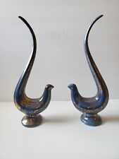 1950s Signed Ceramic Pheasant Pair Blue and Gold picture
