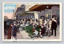 Postcard Crowded Street & Benches in St Petersburg Florida, Vintage Linen A9 picture