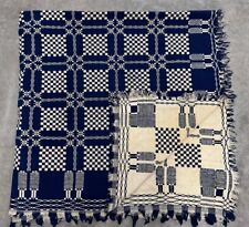 Antique Mid-1800s Jacquard Coverlet Blanket Hand Loomed Indigo Blue Wool 2 Sided picture