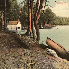 c.1909 Newbury Vermont Hall's Pond Postcard Canoe Boathouse Shoreline Trail Camp picture