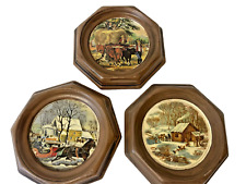 3 Mid-Century Hobbyist Currier & Ives Vintage Wall Plaques Americana Cabin Core picture