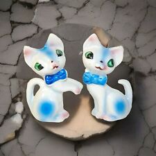 2 Vintage Anthropomorphic Cat Figurines White Blue Bows Kitsch Hand Painted picture