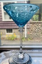 Micheal Weems Blue Elise Martini Glass Frosted Scroll Wafer Stem Barware Signed picture