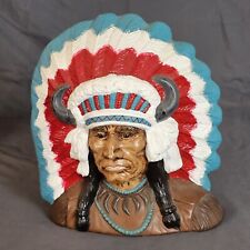 Vintage Native American Indian Chief Bookend Handpainted Ceramic Made In 1976 picture