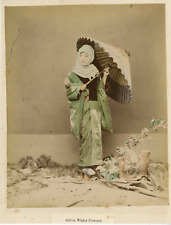 Japan, Girl in Winter Costume Vintage Albumen Print.  Watercolor Albumin Print picture