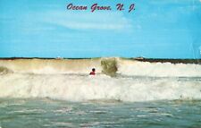 Ocean Grove NJ, Rolling Heavy Surf, Atlantic, Boats, Surfer, Vintage Postcard picture
