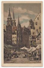 Nuremberg Germany, Painting Postcard, Schöner Brunnen, View of Fountain picture