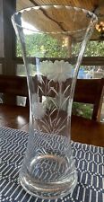 Vintage 12” Etched Glass Vase With Scalloped Edge picture