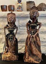 2  1960s Wood Rod Puppet Dolls Indonesian 24” & 21” Tall Beautiful Head Carvings picture