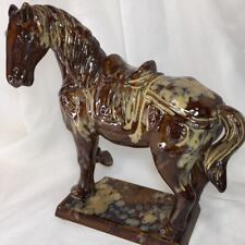 Large Horse Figurine Drip Glazed Ceramic Equine Statuette Saddled Vintage❤️ picture
