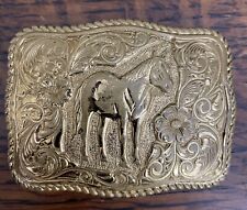 El Arturo Crumrine Bronze Horse Floral Belt Buckle Gold Vintage Western picture