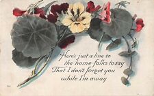 1917 Motto Postcard with Colorful Geraniums-Here's Just A Line To The Home Folks picture