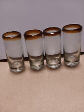 Set of 4 Mexican Hand Blown Heavy Tequila Shot Glasses Amber Rim  3 3/4